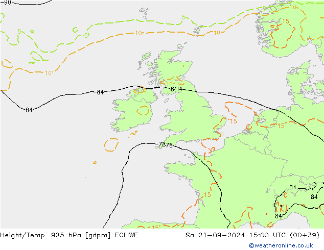 Height/Temp. 925 hPa ECMWF Sa 21.09.2024 15 UTC