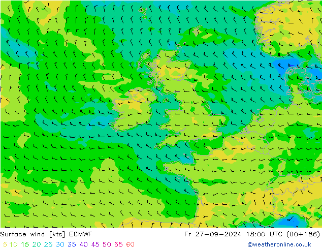 Surface wind ECMWF Pá 27.09.2024 18 UTC