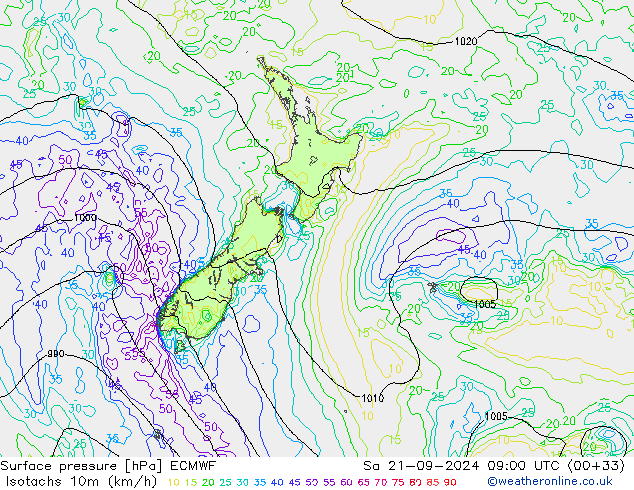 Isotachs (kph) ECMWF Sa 21.09.2024 09 UTC