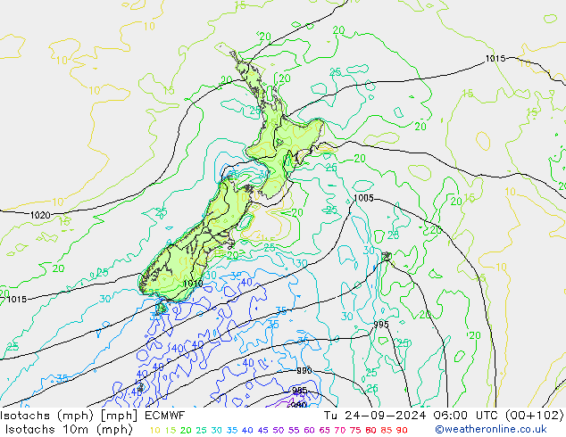 Isotachen (mph) ECMWF di 24.09.2024 06 UTC