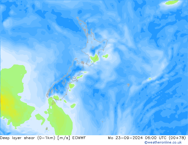 Deep layer shear (0-1km) ECMWF ma 23.09.2024 06 UTC