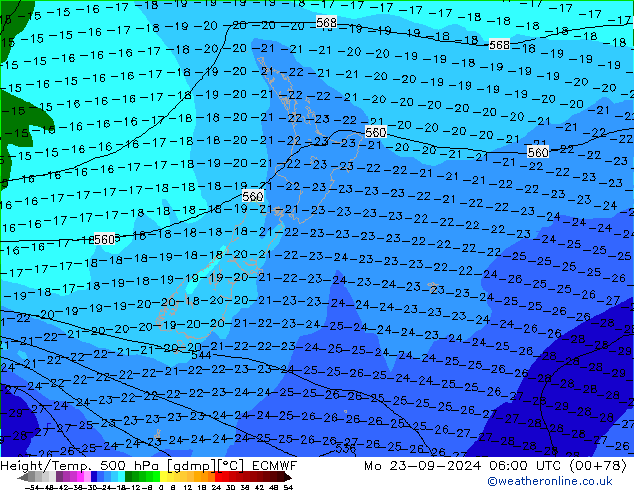 Z500/Rain (+SLP)/Z850 ECMWF pon. 23.09.2024 06 UTC