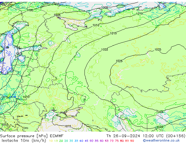 Isotachs (kph) ECMWF Th 26.09.2024 12 UTC