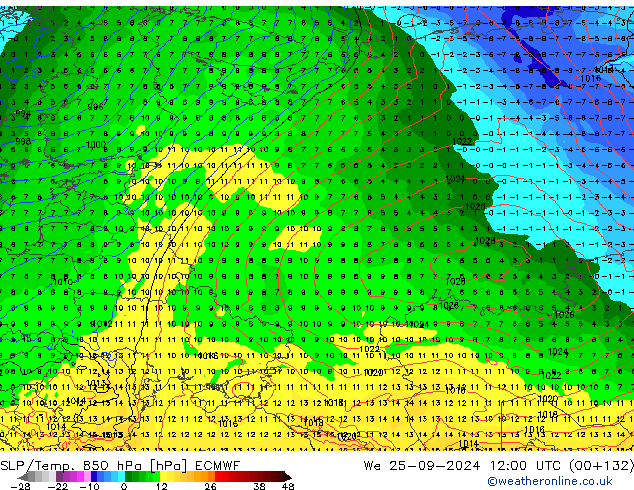 850 hPa Yer Bas./Sıc ECMWF Çar 25.09.2024 12 UTC