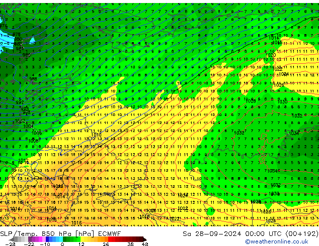 SLP/Temp. 850 hPa ECMWF Sa 28.09.2024 00 UTC