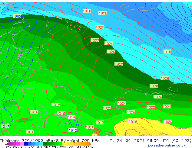 Thck 700-1000 hPa ECMWF Tu 24.09.2024 06 UTC