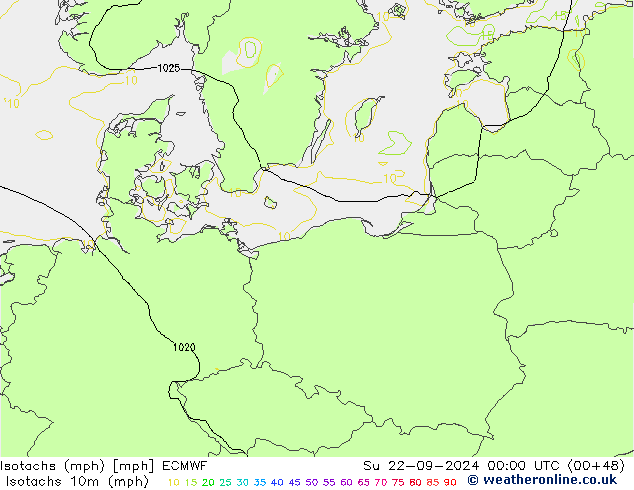 Isotachs (mph) ECMWF Вс 22.09.2024 00 UTC