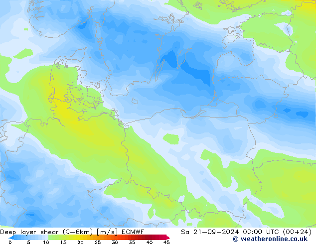 Deep layer shear (0-6km) ECMWF сб 21.09.2024 00 UTC