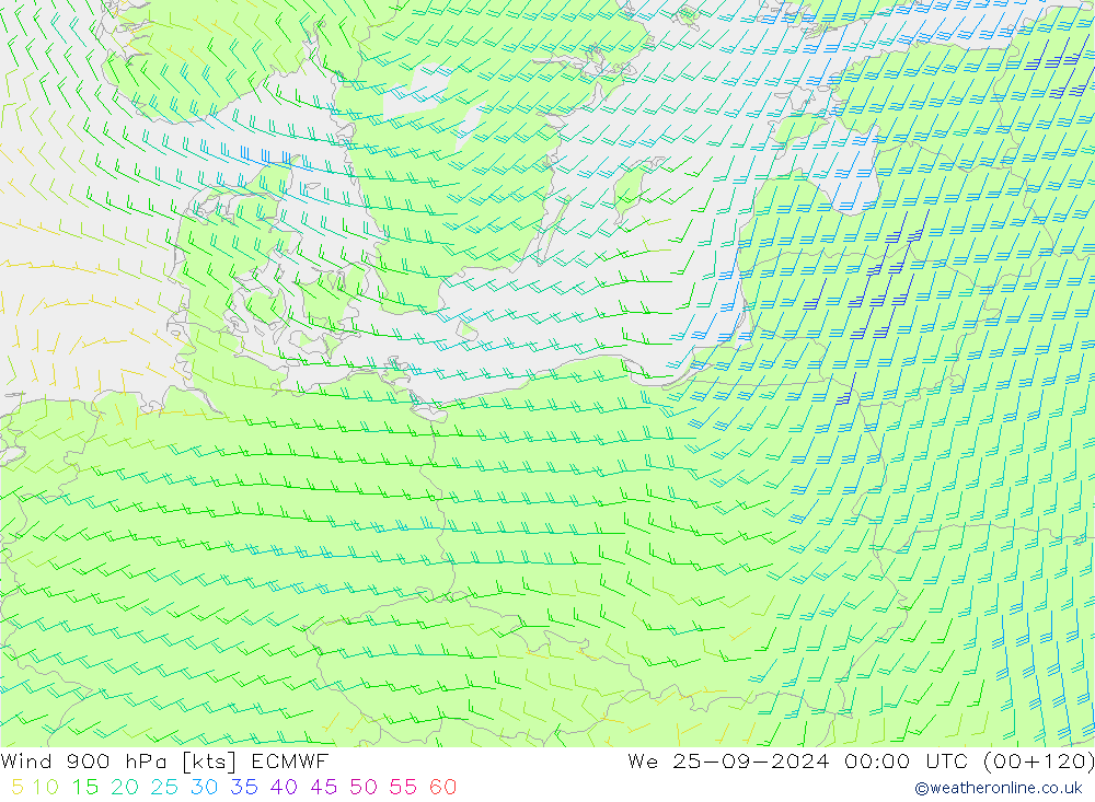 Vent 900 hPa ECMWF mer 25.09.2024 00 UTC