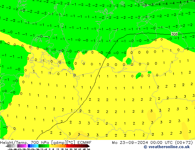 Hoogte/Temp. 700 hPa ECMWF ma 23.09.2024 00 UTC