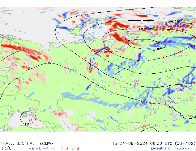 T-Adv. 850 hPa ECMWF Sa 24.09.2024 06 UTC