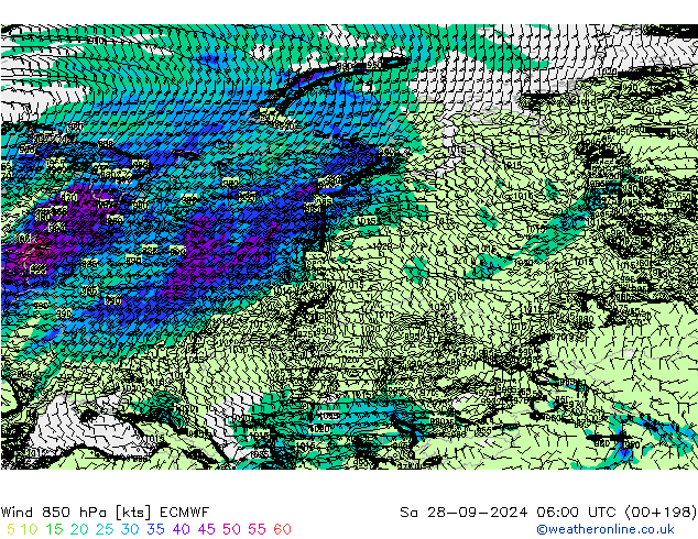 Rüzgar 850 hPa ECMWF Cts 28.09.2024 06 UTC