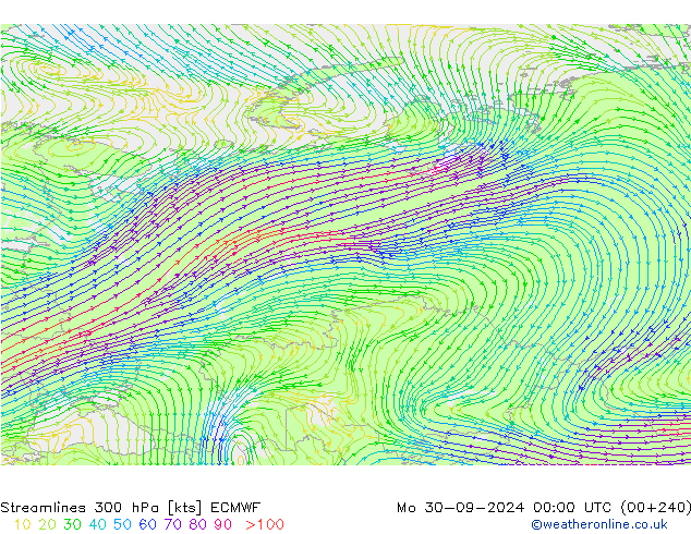 Línea de corriente 300 hPa ECMWF lun 30.09.2024 00 UTC