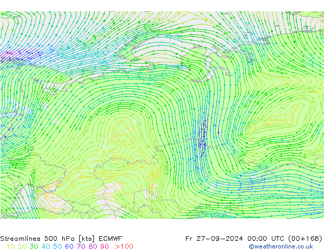 Streamlines 500 hPa ECMWF Fr 27.09.2024 00 UTC