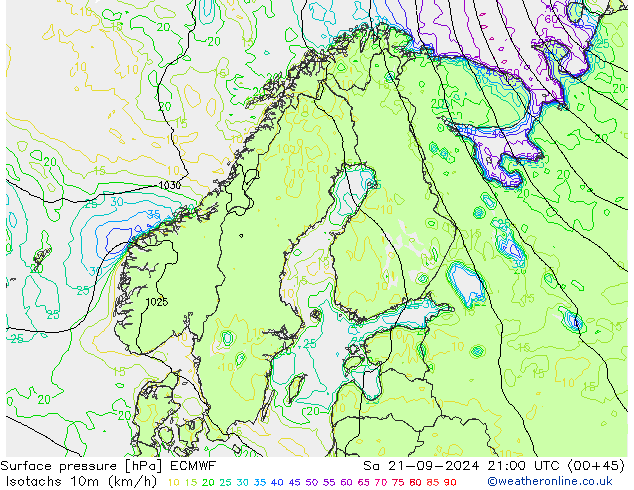 Isotachs (kph) ECMWF Sa 21.09.2024 21 UTC