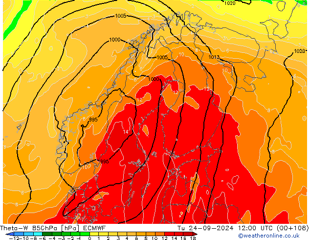 Theta-W 850hPa ECMWF mar 24.09.2024 12 UTC