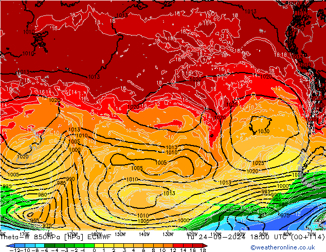 Theta-W 850hPa ECMWF Út 24.09.2024 18 UTC