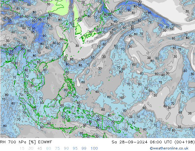 Humidité rel. 700 hPa ECMWF sam 28.09.2024 06 UTC