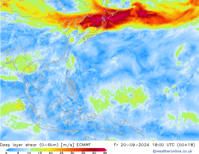 Deep layer shear (0-6km) ECMWF vie 20.09.2024 18 UTC