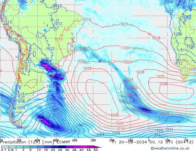 Totale neerslag (12h) ECMWF vr 20.09.2024 12 UTC