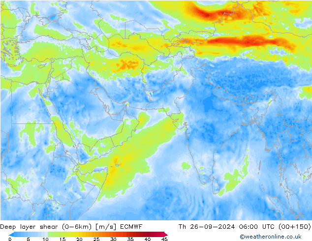 Deep layer shear (0-6km) ECMWF Per 26.09.2024 06 UTC