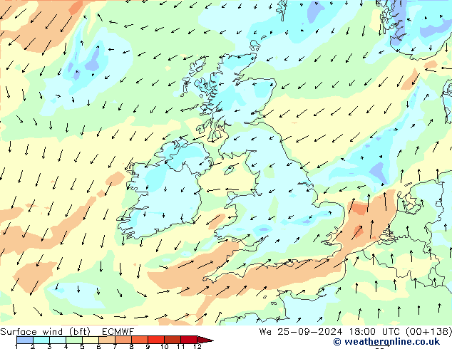  10 m (bft) ECMWF  25.09.2024 18 UTC