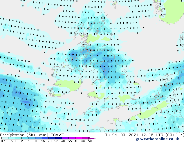 Nied. akkumuliert (6Std) ECMWF Di 24.09.2024 18 UTC