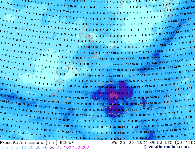 Precipitation accum. ECMWF śro. 25.09.2024 06 UTC