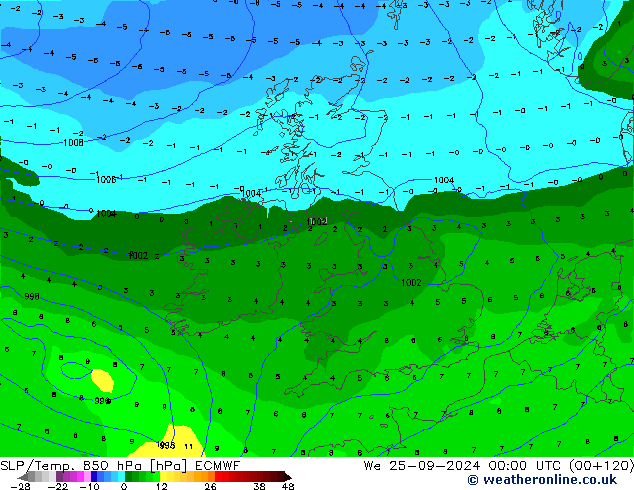 SLP/Temp. 850 hPa ECMWF Mi 25.09.2024 00 UTC