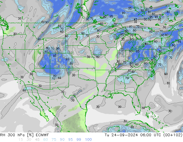 RH 300 hPa ECMWF Út 24.09.2024 06 UTC