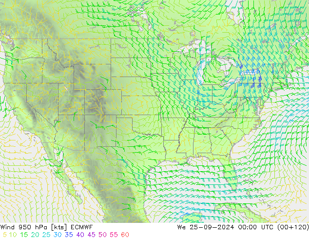 wiatr 950 hPa ECMWF śro. 25.09.2024 00 UTC