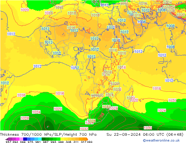 Thck 700-1000 гПа ECMWF Вс 22.09.2024 06 UTC