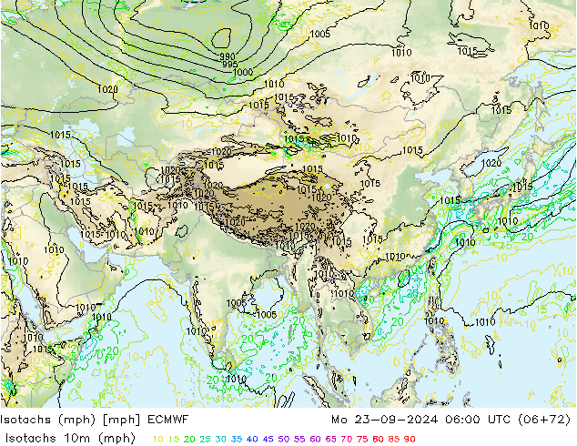 Isotachs (mph) ECMWF lun 23.09.2024 06 UTC