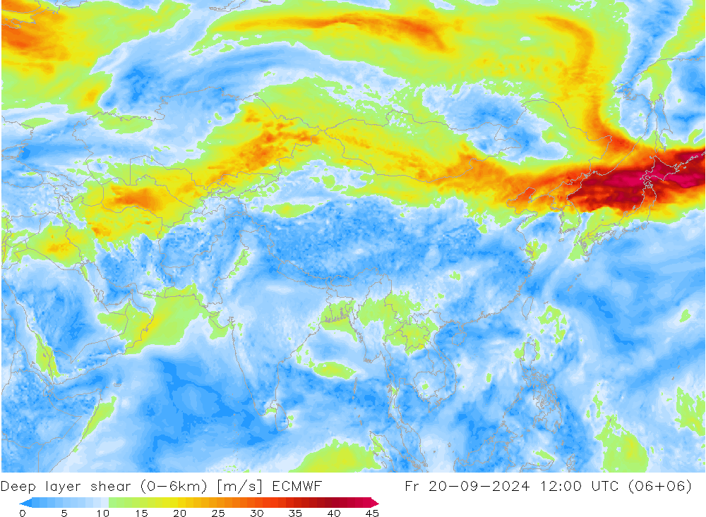 Deep layer shear (0-6km) ECMWF vr 20.09.2024 12 UTC