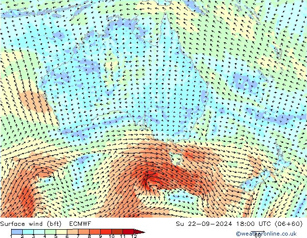 Surface wind (bft) ECMWF Su 22.09.2024 18 UTC