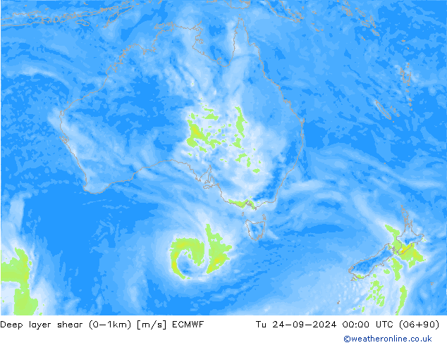 Deep layer shear (0-1km) ECMWF Tu 24.09.2024 00 UTC