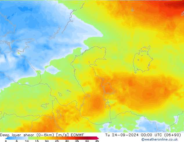 Deep layer shear (0-6km) ECMWF Tu 24.09.2024 00 UTC