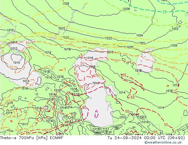 Theta-e 700hPa ECMWF di 24.09.2024 00 UTC