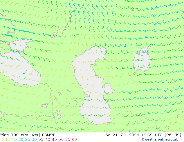 wiatr 700 hPa ECMWF so. 21.09.2024 12 UTC