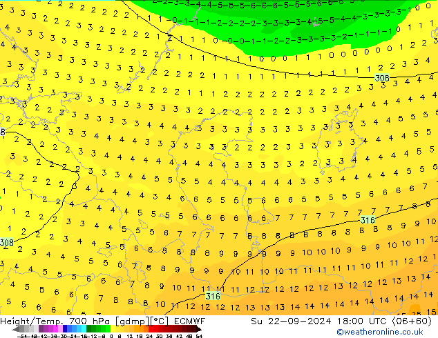 Height/Temp. 700 гПа ECMWF Вс 22.09.2024 18 UTC