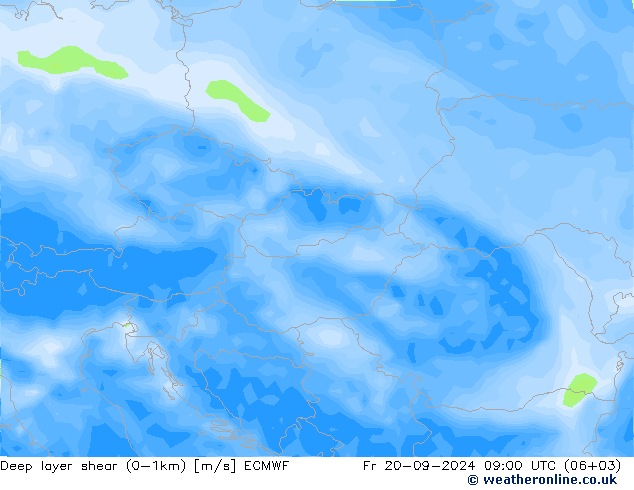 Deep layer shear (0-1km) ECMWF пт 20.09.2024 09 UTC