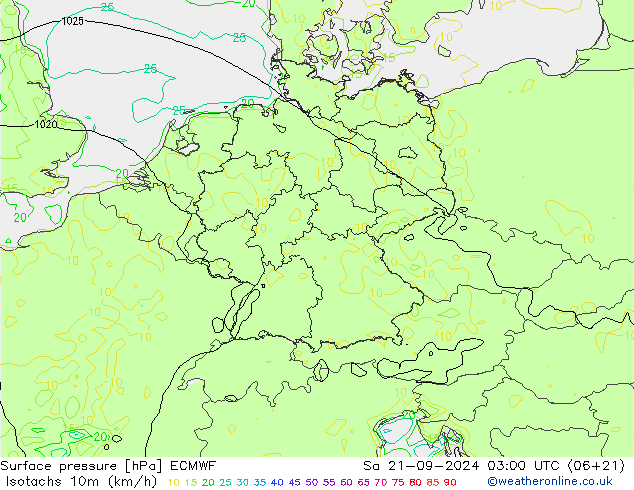 Isotachen (km/h) ECMWF Sa 21.09.2024 03 UTC