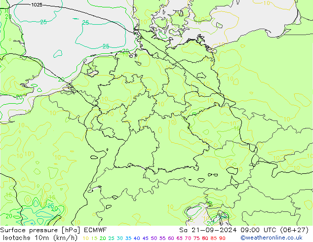 Isotachs (kph) ECMWF Sa 21.09.2024 09 UTC