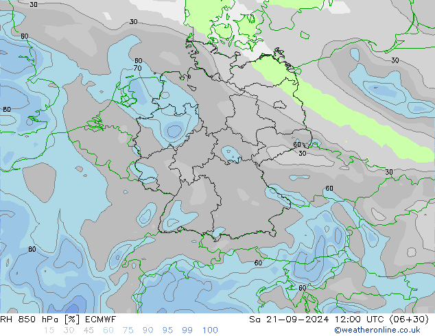 Humidité rel. 850 hPa ECMWF sam 21.09.2024 12 UTC