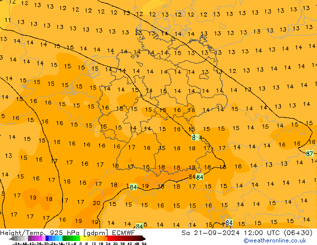 Height/Temp. 925 гПа ECMWF сб 21.09.2024 12 UTC