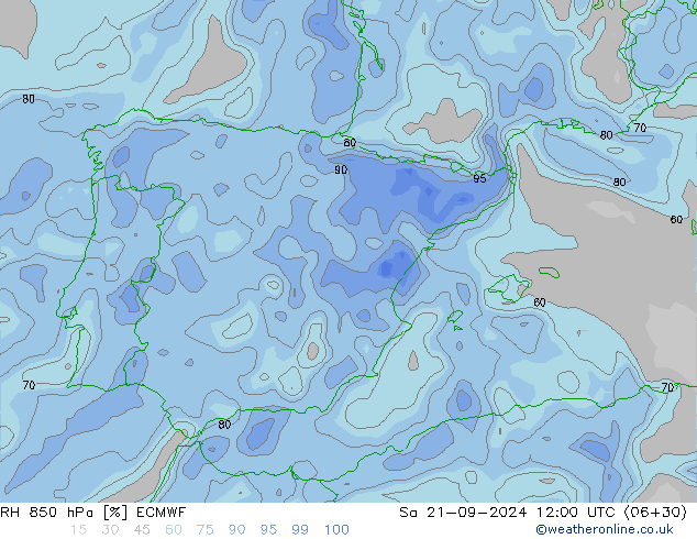 Humidité rel. 850 hPa ECMWF sam 21.09.2024 12 UTC