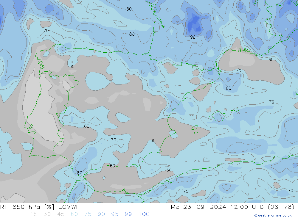 RH 850 hPa ECMWF Mo 23.09.2024 12 UTC