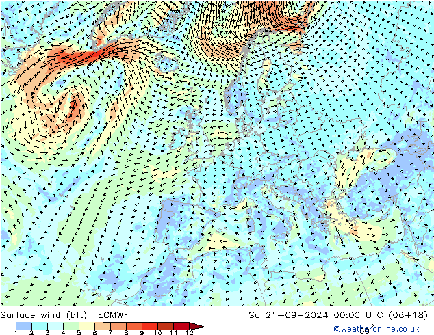 wiatr 10 m (bft) ECMWF so. 21.09.2024 00 UTC