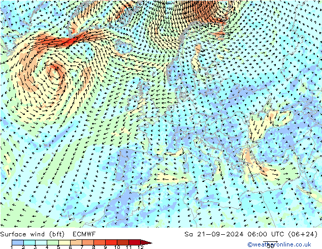 ве�Bе�@ 10 m (bft) ECMWF сб 21.09.2024 06 UTC