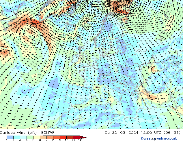 Vento 10 m (bft) ECMWF dom 22.09.2024 12 UTC